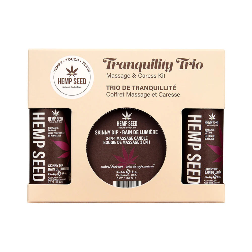 Hemp Seed Tranquility Trio massage and caress kit packaging on a white background