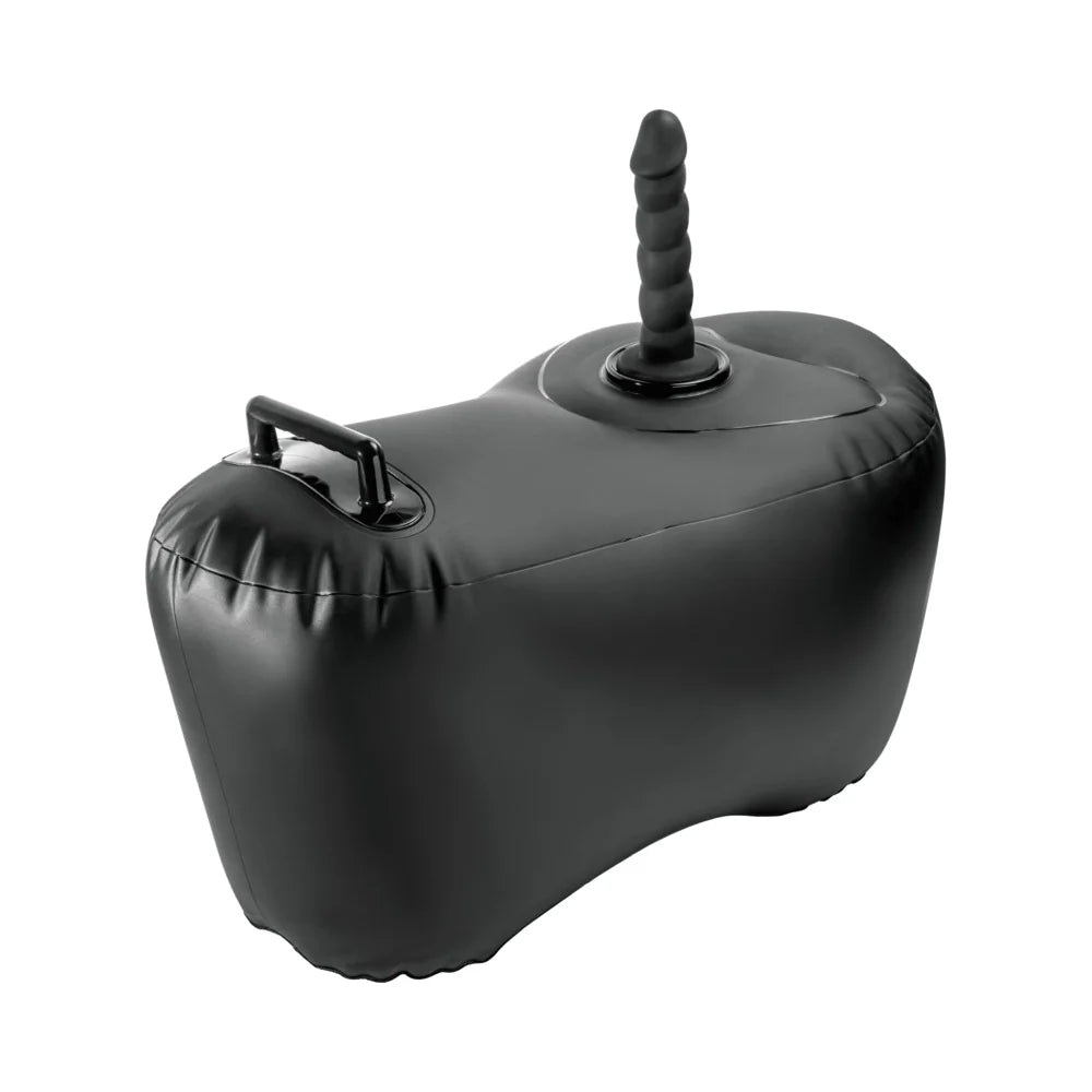 Black inflatable boat float with handle and valve on a white background