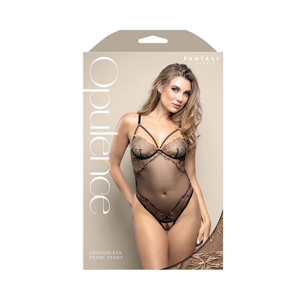 Fantasy Lingerie Opulence Crotchless Pearl Cage Neckline Teddy with Adjustable Pearl G-String Black M/L