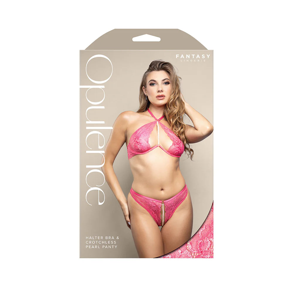 Fantasy Lingerie Opulence Pearl Accent Halter Bra & Adjustable Crotchless Pearl Panty Hot Pink S/M