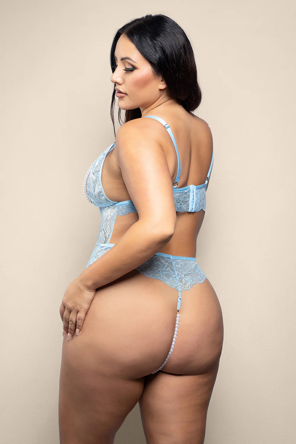 Fantasy Lingerie Opulence Split Pearl Cup Open-Back Teddy with Pearl String Crotch Light Blue Queen Size