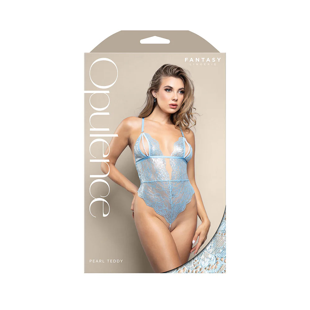 Fantasy Lingerie Opulence Split Pearl Cup Open-Back Teddy with Pearl String Crotch Light Blue L/XL
