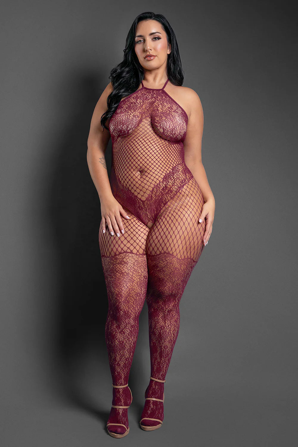 Fantasy Lingerie Sheer Our Moment Crotchless Halter Bodystocking Plum Queen Size