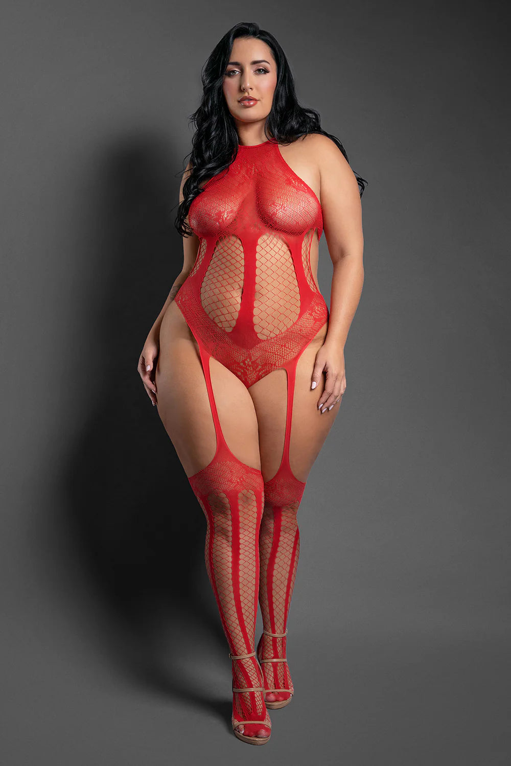 Fantasy Lingerie Sheer Stripped Down Halter Teddy Bodystocking with Cut-Out Back Red Queen Size