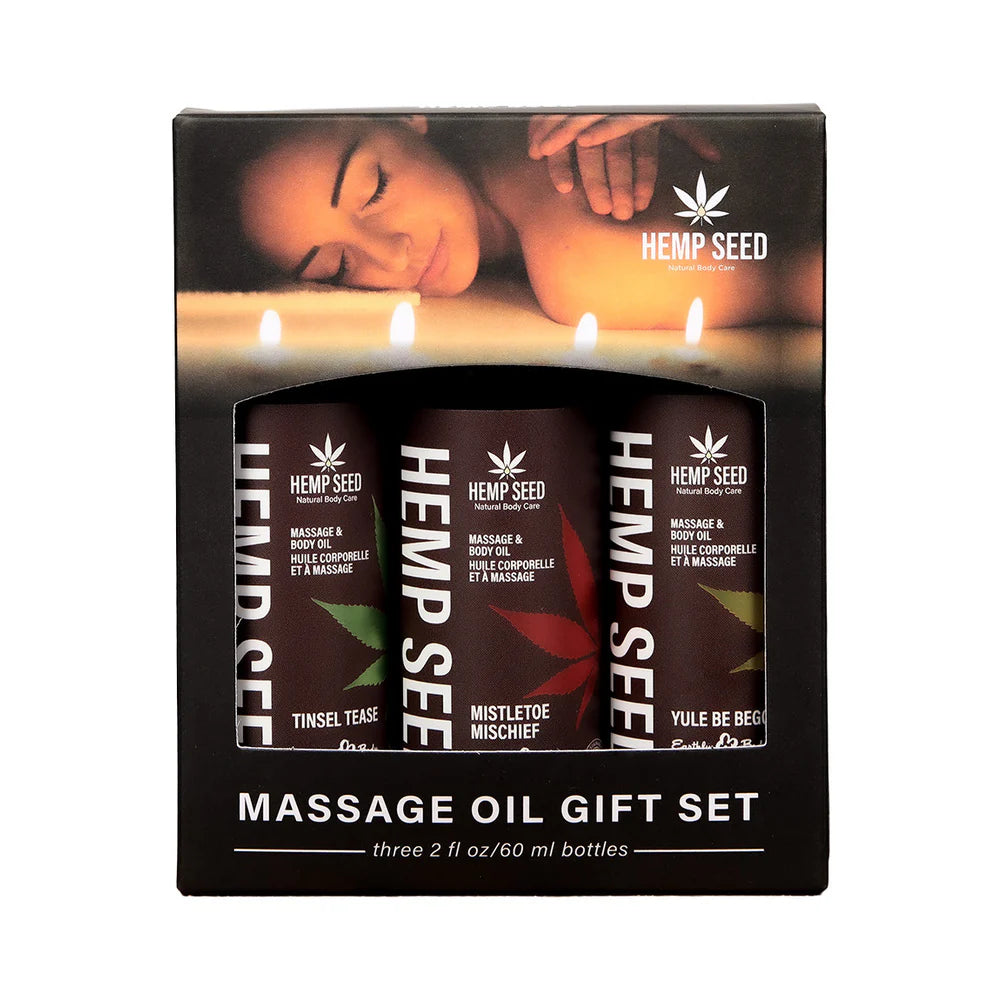 Earthly Body hemp seed holiday massage oil trio gift set