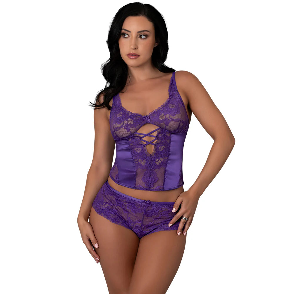 Magic Silk Satin Petals Bustier & Boy Short Set Purple S/M