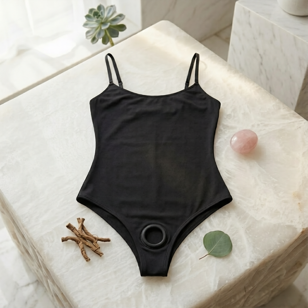 Black swimsuit on a marble surface with decorative elements