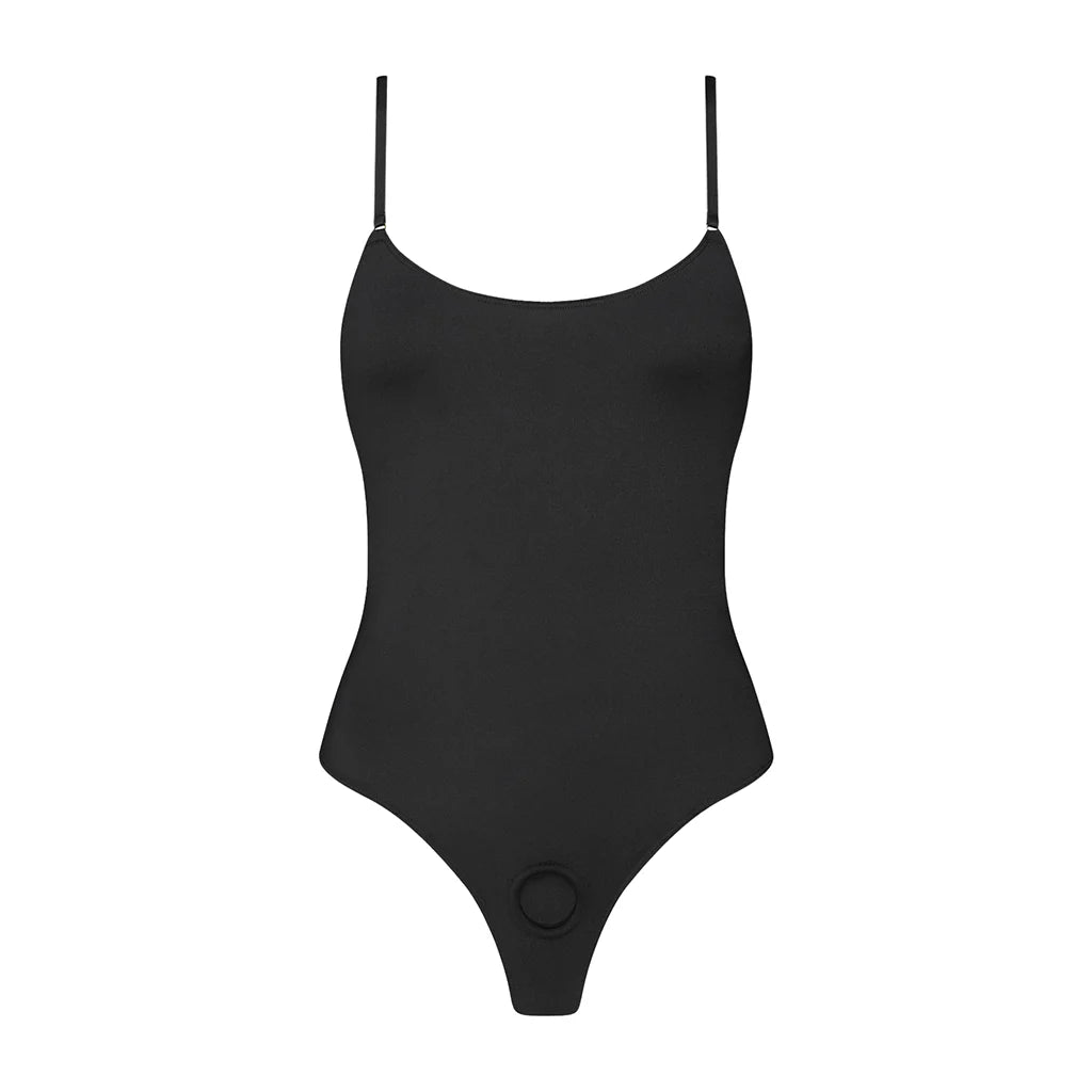 Strap-On-Me Signature black harness body, size extra large with thin straps on a white background