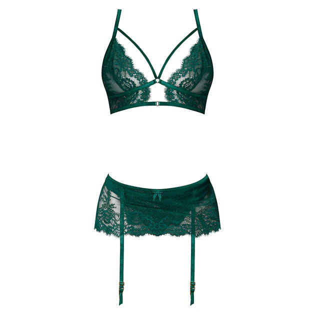 Magic Silk Evermore Bralette, Garter Skirt & Thong Set Emerald L/XL