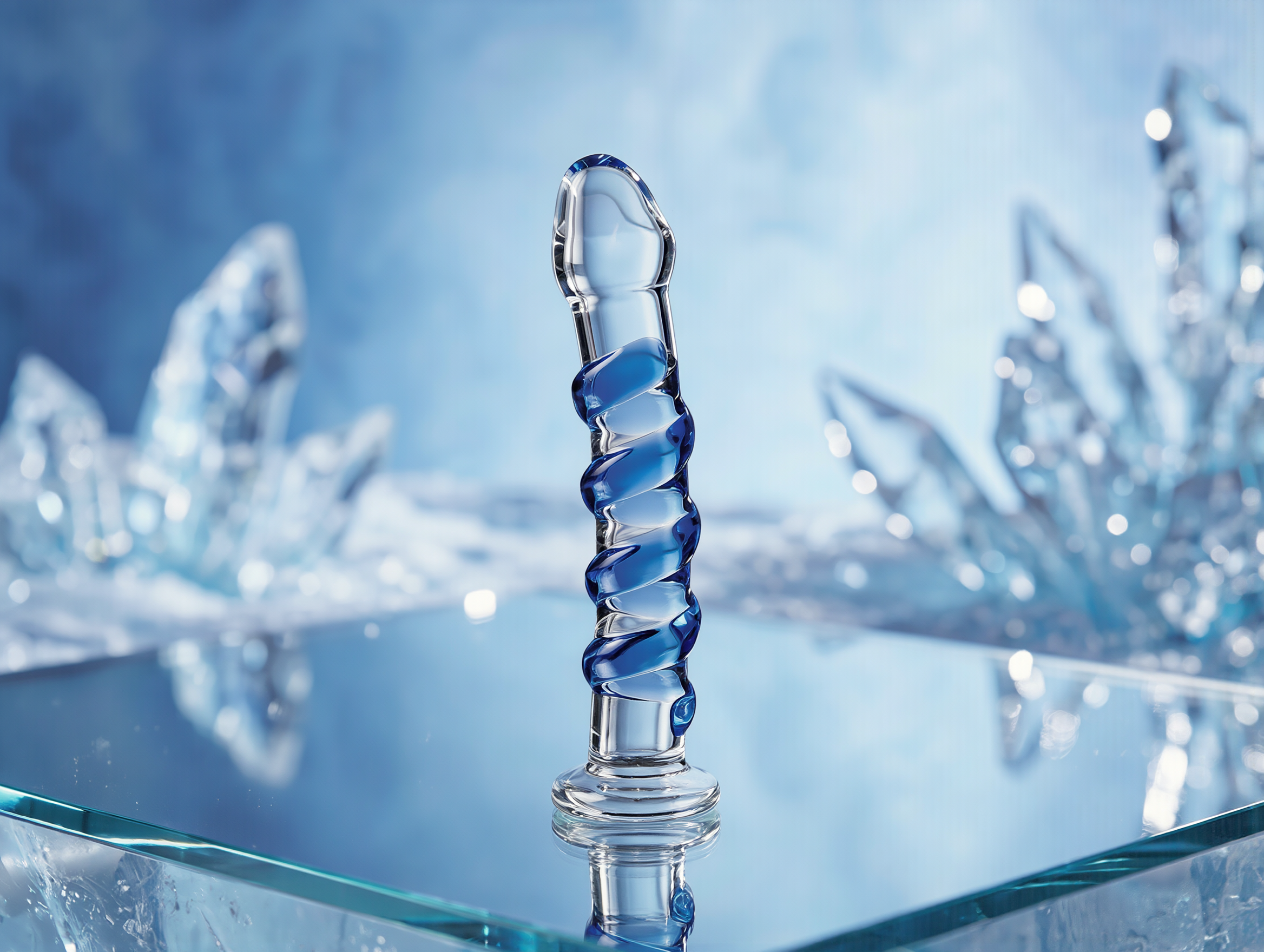 Icicles No. 5 Curved Ribbed 7 in. Glass Dildo Blue/Clear