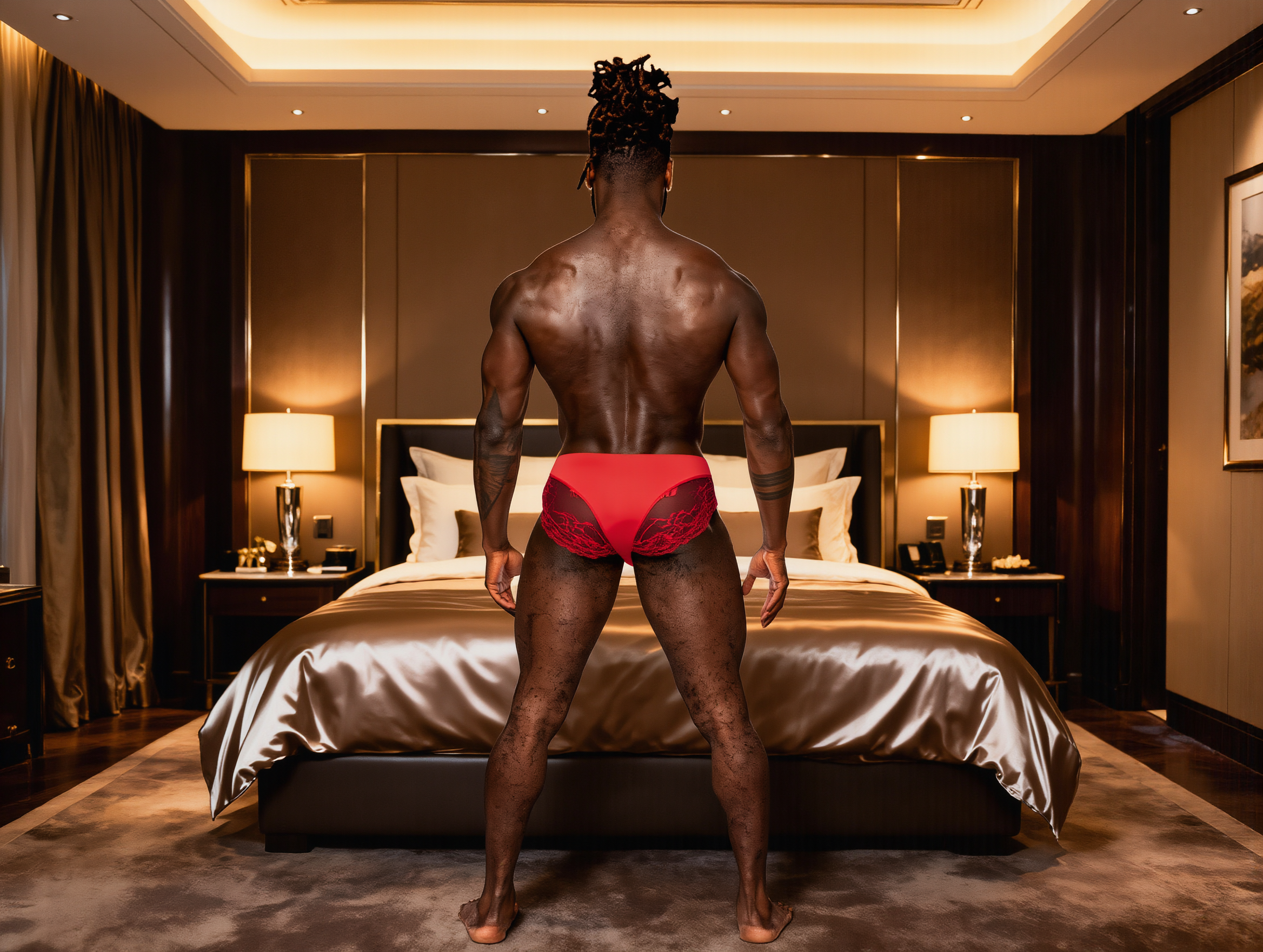 Male Power Sassy Lace Bikini Solid Pouch Red