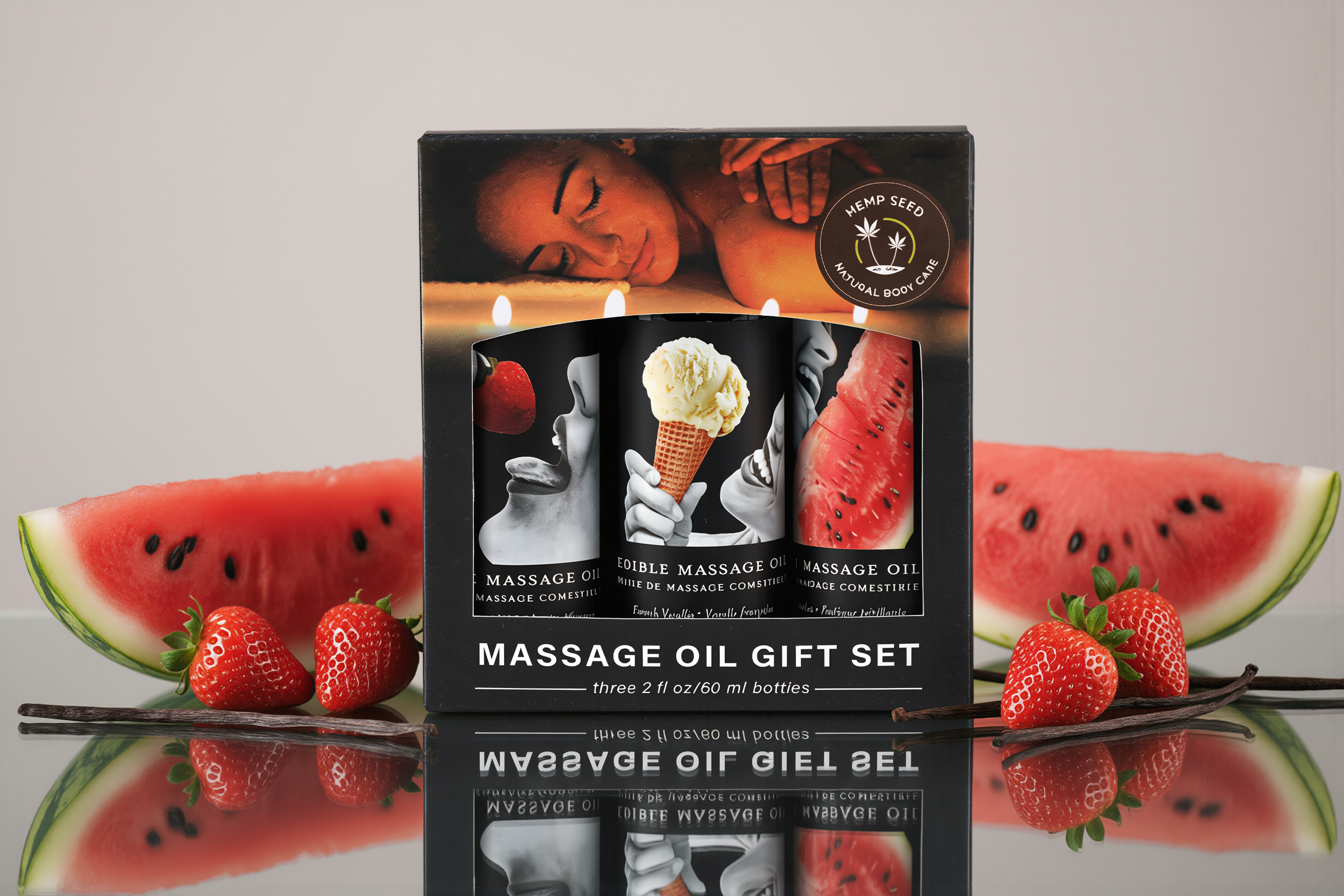 Earthly Body Hemp Seed Edible Massage Oil 3-Piece Gift Set 2 oz.