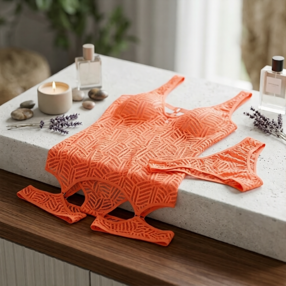 Orange crochet bikini on a stone surface with candles and lavender flowers.